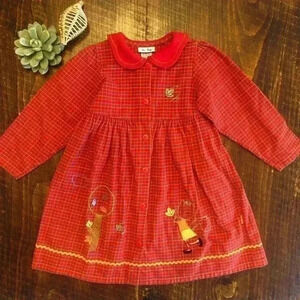 Le Top | Red Plaid Flannel Button Down Dress, Felt & Embroidery Squirrel & Tree